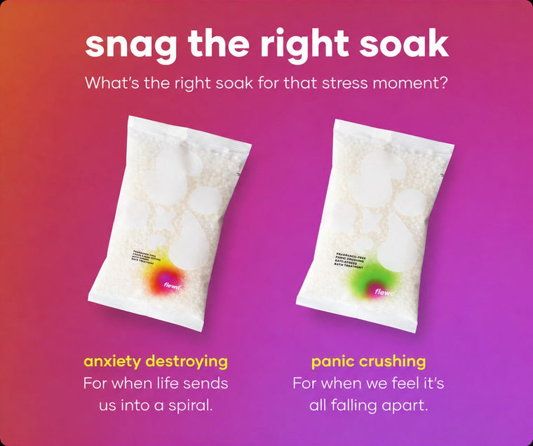 Fragrance-free Anxiety Destroying and Panic Crushing stresscare bath soak pouches side by side