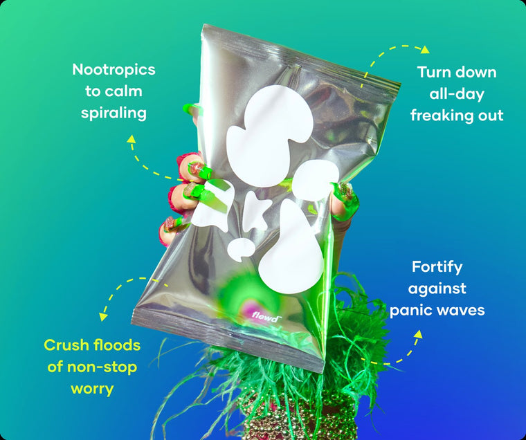 Panic Crushing pouch in a green-painted hand, part of the Flewd Nootropic Trio