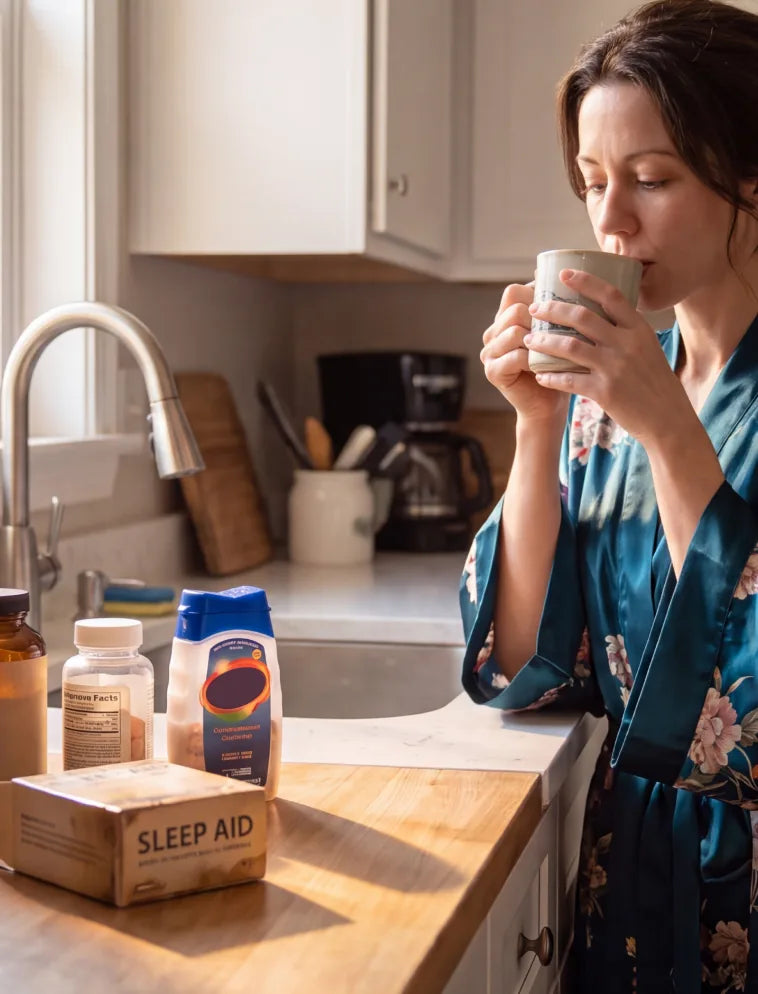 woman sipping tea beside sleep aid, digestive and pain relief bottles